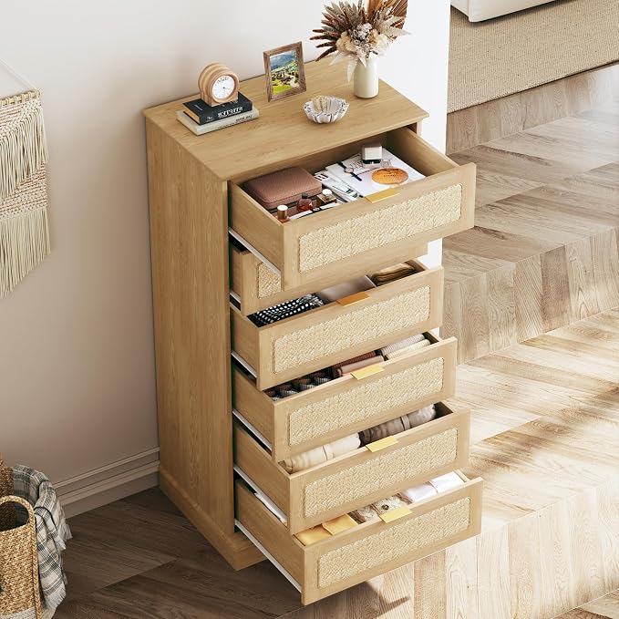 HUAHUU 6 Drawer Dresser for Bedroom, 50 Inch Tall Dressers & Rattan Chest of Drawers, Boho Style, Wood Modern Dressers Organizer for Bedroom, Living Room, Hallway, Entryway, Oak - Image 7