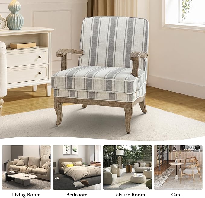 HULALA HOME Upholstered Accent Chair, Mid-Century Modern Striped Chair with Graceful Curves and Wooden Legs, Comfy Lounge Armchair Striped Accent Chairs for Living Room, Bedroom (Grey)