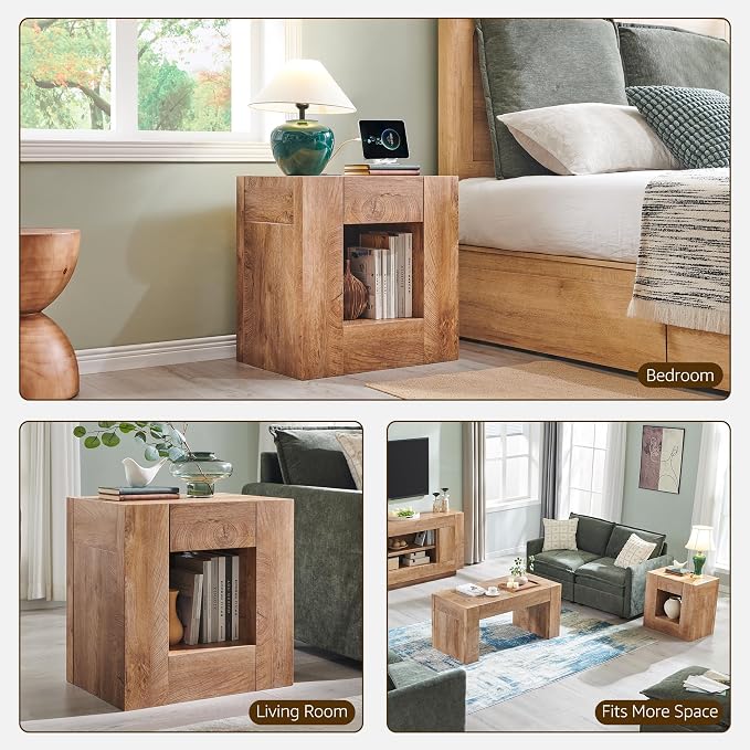 OKD 24" Modern Nightstands Set of 2, Large Wooden Night Stand with Charging Station & Drawer, Side Table Bedroom with Storage Shelf, Rustic End Table, Wood Thick Design, Light Tree Knot - Image 8