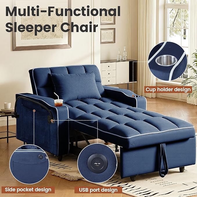 Sleeper Chair, Convertible Pull Out Chair Sleeper with Bracket and Cup Holder, Chairs Bed Sleepers for Adults, 3 in 1 Sofa Bed Chairs for Small Spaces, Living Room, Blue