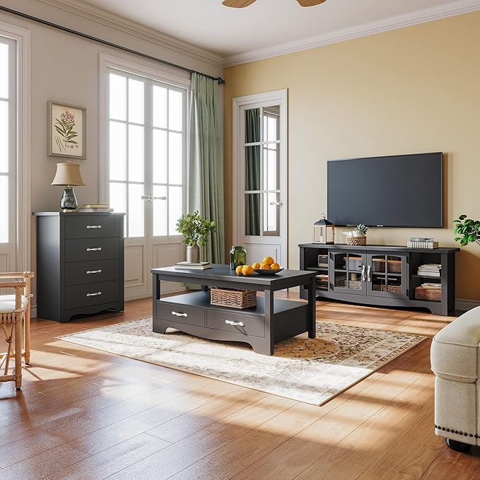 LINSY Farmhouse Coffee Table, Rectangle Coffee Table with Drawers, Rustic Wooden Coffee Tables with Storage, Center Table for Living Room, Apartment, Office, Black
