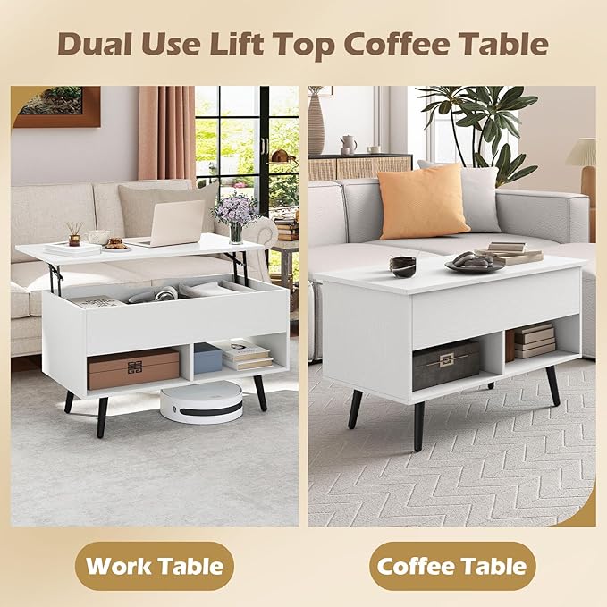 Giantex Lift Top Coffee Table, Modern Cocktail Table w/Hidden Compartment & 2 Open Shelves, Flip Top Center Table, Wooden Pull up Coffee Table for Living Room, Reception Room, Office (White)