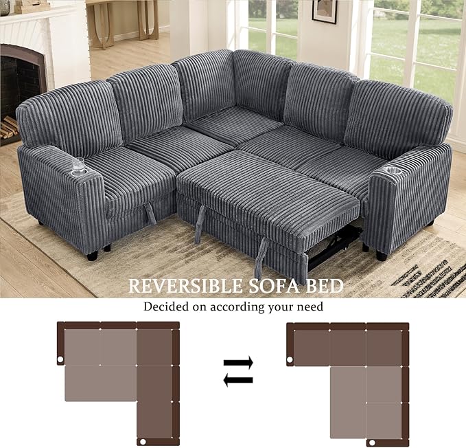 KEIKI 81" L-Shaped Oversized Corduroy Modular Sectional Sleeper Sofa with Pull-Out Bed, Storage Seat, Modern 5-Seater Upholstered Couch Bed with Charging Station, Easy Assembly, for Living Room, Grey