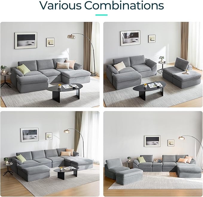 LINSY HOME Modern Boneless Cloud Couch Set with Movable Ottomans, Deep Seat Corduroy Secional Sofa Couch Sets for Living Room, Apartment, Office, No Assembly Required, Grey