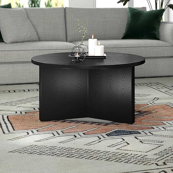Henn&Hart 32" Round Wood Pedestal Coffee Table for Living Room, Family Room, Office, or Apartment, Natural Black