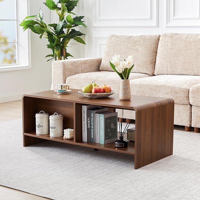 43.3'' Coffee Table, 2-Tier Rectangle Center Table with Sliding Door, Wood Modern Coffee Tables with Sturdy Base & Rounded Corners for Living Room, Office, Small Space