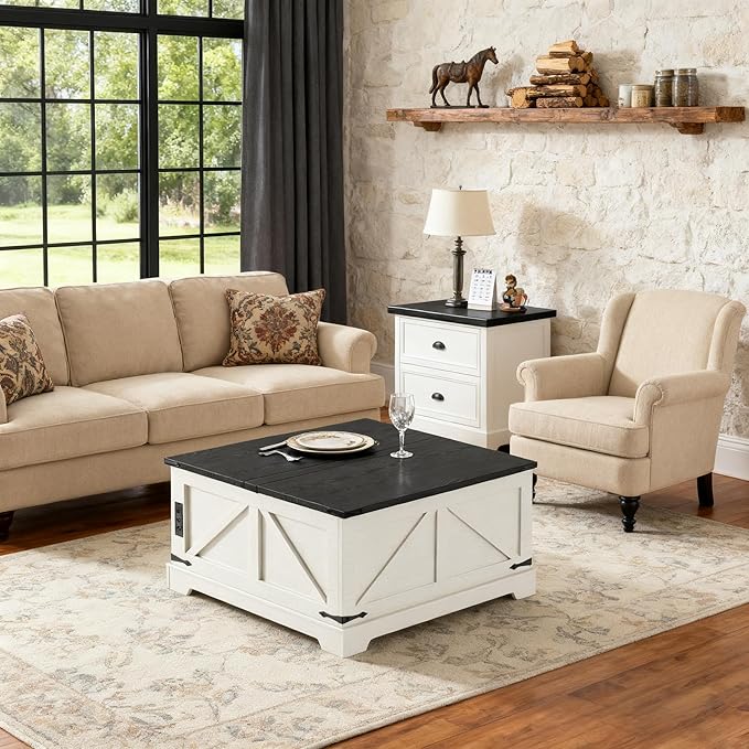 Vabches 35.4" Lift Top Coffee Table with Storage, Farmhouse Square Coffee Tables for Living Room, Center Table with Charging Station and Hidden Space, White