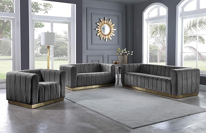 Meridian Furniture 603Grey-S Marlon Collection Modern | Contemporary Velvet Upholstered Sofa with Deep Channel Tufting, Stainless Steel Base in a Brushed Gold Finish, Grey, 86.5" W x 34" D x 28" H