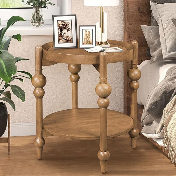 LKTART Nesting End Table for Living Room,Round Solid Wood Frame Nest Side Tables with Storage,Retro Accent Center Table for Small Space Apartment (25''D×24''H-Natural)