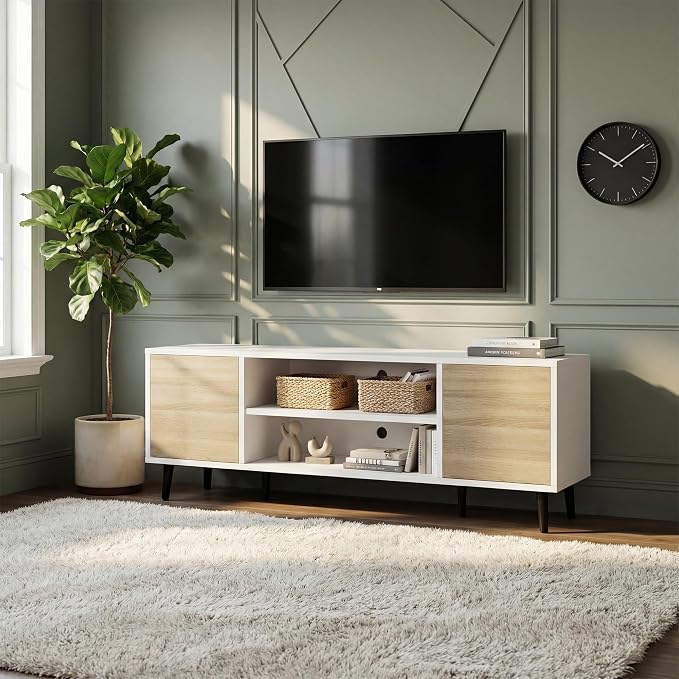YESHOMY Mid-Century Modern TV Stand for 43-55 Inch TVs, 50 Inch Entertainment Center with Storage, Media Console with Push-to-Open Doors and Cable Management for Living Room, Bedroom (White and Beige) - Image 6