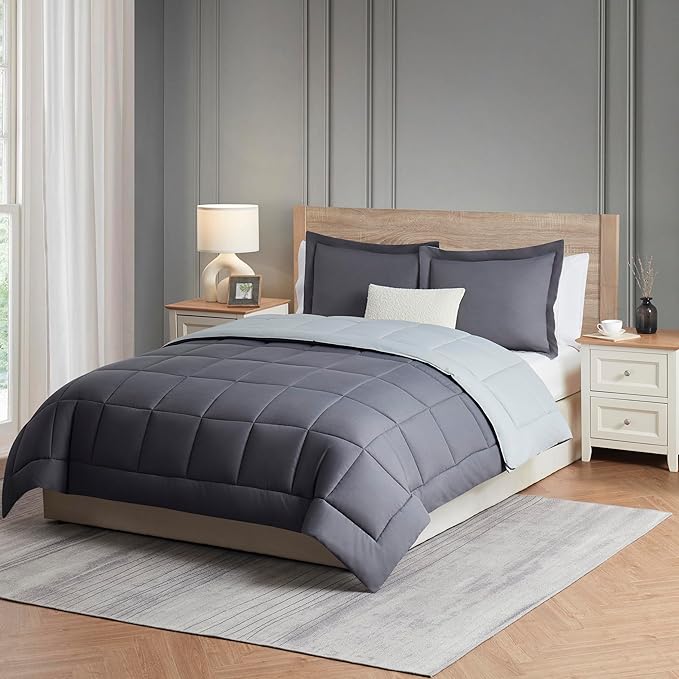 Nestl Comforter Duvet Insert 3 Piece, Quilted Down Alternative Comforter Oversized King Size with 2 Pillow Shams, All Season Grey/Light Grey Duvet Inserts Oversized King Comforter with Corner Tabs