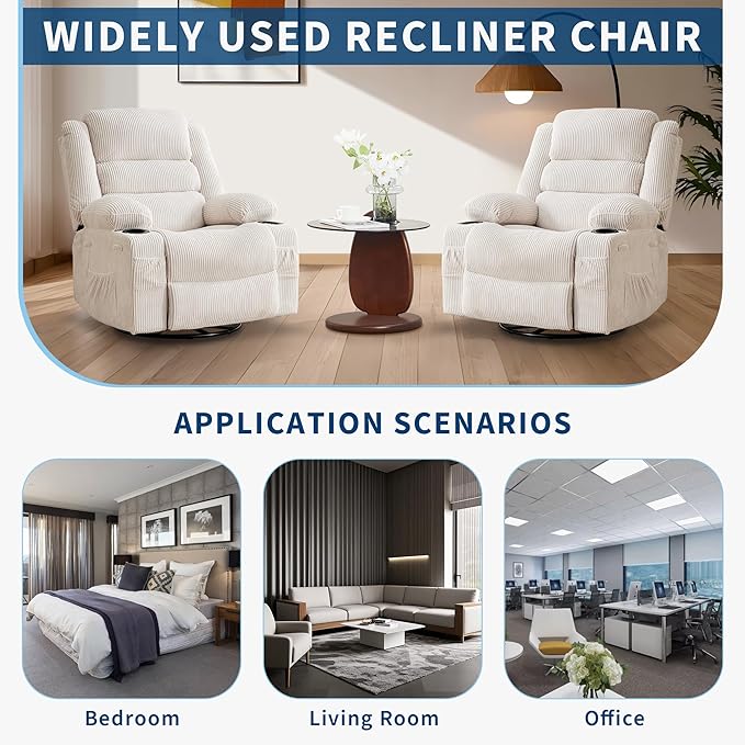 Rocking Recliner Chair for Adults Wide 360° Swivel Rocker Recliner with Cup Holder Nursery Glider with Upholstered Deep Seat Corduroy Lazy boy Chair for Living Room Beige