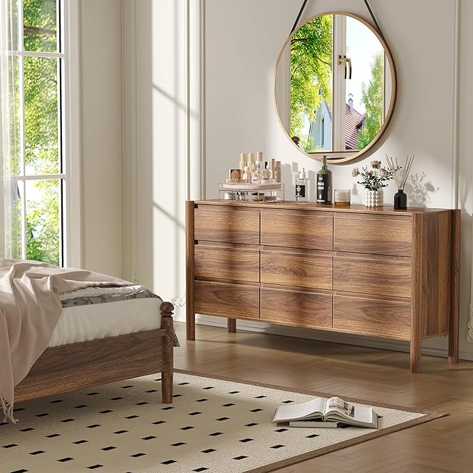 CHUWELL 3-Piece Bedroom Dresser Set-9 Drawer Dresser & 2 Nightstands,47" Wide Walnurt Dresser and Night Stands with Solid Wood Cylindrical Legs,Rustic Wooden Storage for Bedroom