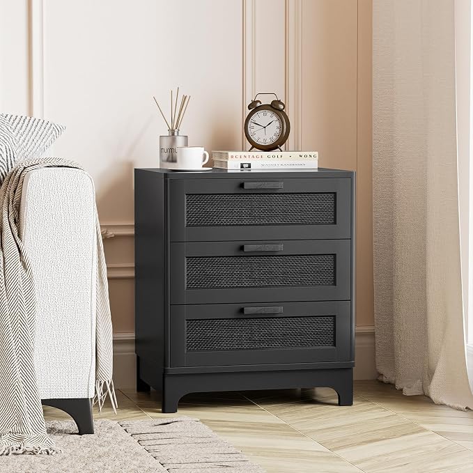 Anmytek Rattan Nightstand with 3 Drawers, Farmhouse Night Stand with Nature Rattan Storage Drawers, Black Wood Bedside Table Sofa End Side Table for Bedroom Dorm Small Spaces, 15.5”D x 19.7”W x 23.6”H - Image 7