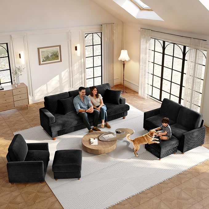 25.2" Couches for Living Room, Comfy Black Ottoman with Storage, Foot Rest Tool-Free Setup, Small Ottoman Foot Rest for Couch, Corduroy Couch for Bedroom, Apartment, Office