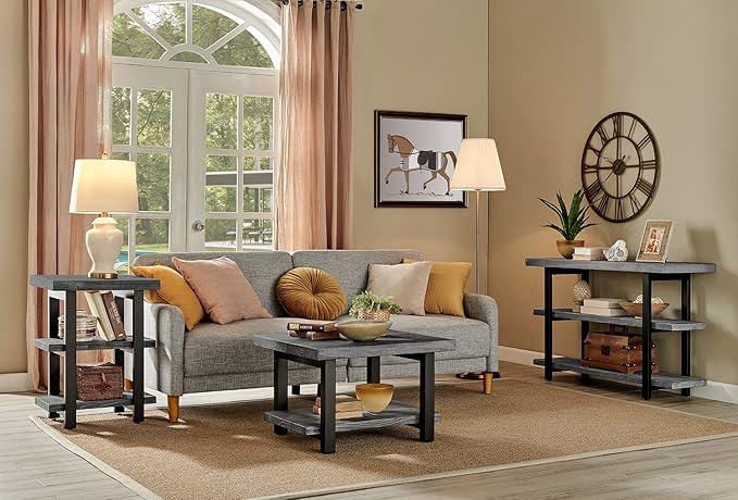 Alaterre Furniture Pomona Living Room Tables – 3-Tier Solid Wood End Table with Metal Legs & Storage Shelves – Modern Rustic Industrial Space-Saving Accent Table or Nightstand (Slate Grey)