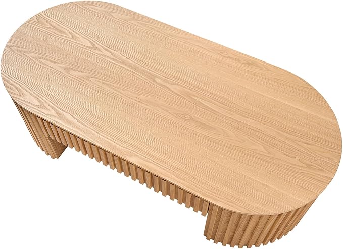 Oval Coffee Table, 51.18" Wood Coffee Table with Drawer, Fluted Design, for Living Room, Small Spaces, No Assembly Required (Oak)