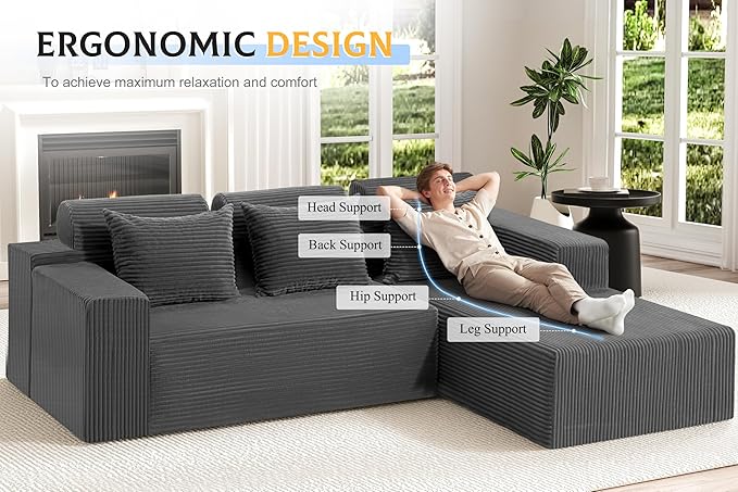 Homguava Modular Sectional Couches for Living Room,105" Cloud Couch with L-Shape Chaise,Comfy Sofa Living Room Sofas with Deep Seat,No Assembly L Couch,Corduroy Fabric(Grey,R)