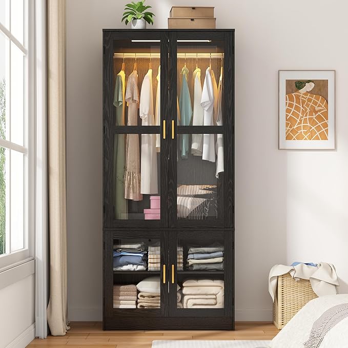 chartustriable 2 Doors Armoire Wardrobe Closet with LED,71" H Freestanding Wooden Wardrobe Closet Cabinet for Bedroom,Wooden Clothing Storage Cabinet with Hanging Rod,Closets for Bedroom(Black)