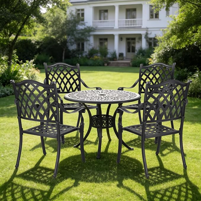 VINGLI Patio Chairs Set of 4 - Stackable Outdoor Cast Aluminum Dining Chairs with Vintage Black Finish and Diamond Pattern, Metal Armchairs for Poolside, Backyard, Balcony (No Cushion) - Image 8