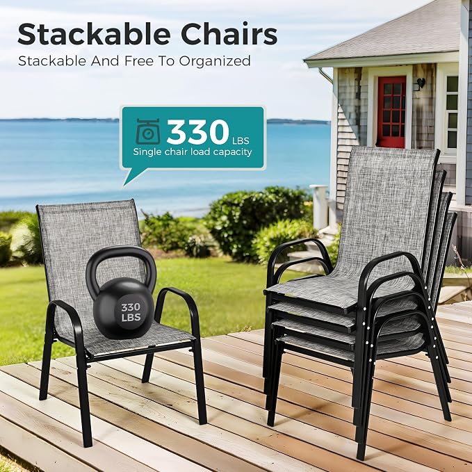 Pamapic Outdoor Dining Sets for 6, Rectangular Steel Slat Table with 6 Textilene Chairs, 7 Piece Patio Table and Chairs Set with Umbrella Hole for Patio, Garden, Backyard and Poolside (Grey) - Image 9