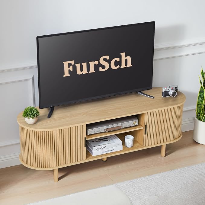 FurSch 54" Tambour Door TV Stand,Wood Mid Century Modern TV Cabinet for Up to 65“ TV,Curved Edge Long TV Stand with Storage for Bedroom Living Room(Natural, 54inch) - Image 8