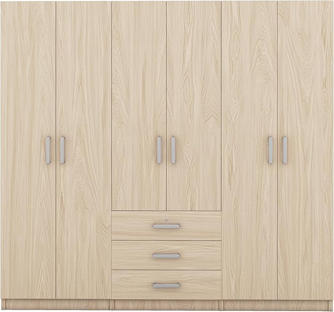 68" H Large 6 Doors Wooden Wardrobe Closet, Freestanding Armoire Wardrobe Closet Cabinet with 3 Drawers, Shelves and Hanging Rod for Hanging Clothes, Coat Closets for Bedroom, Brown