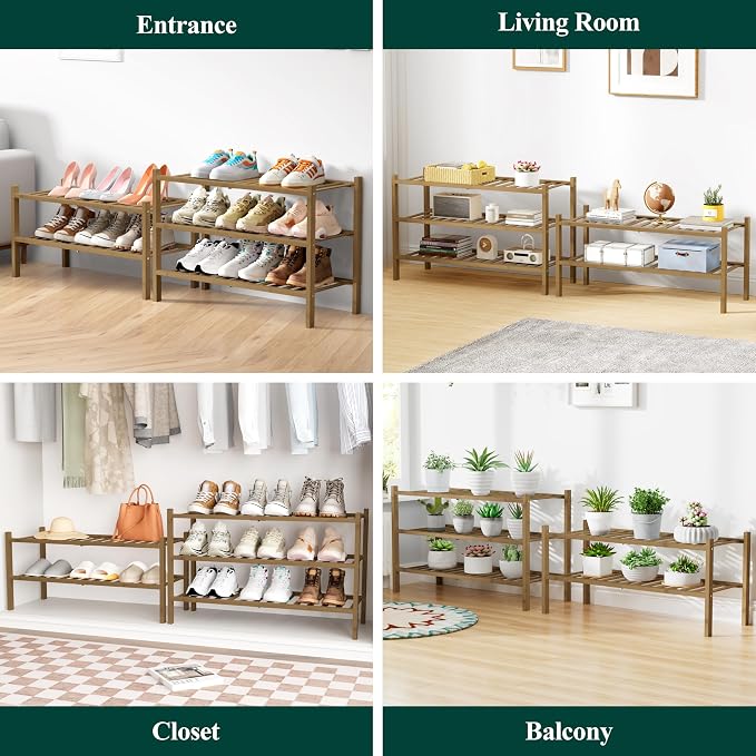 Smiry Bamboo Shoe Rack for Closet, 2 Tier Wooden Stackable Shoe Organizer, Free Standing Shoes Storage Shelf for Entryway, Front Door Entrance, Walnut - Image 7