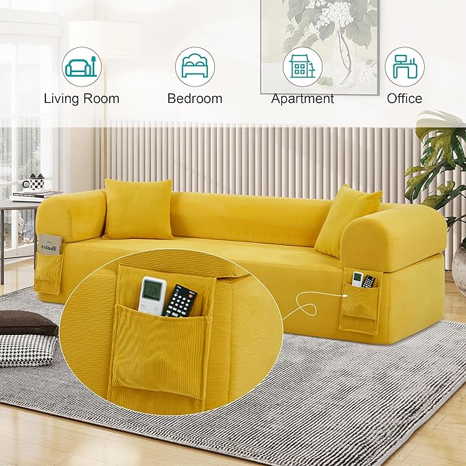 83'' Boneless Sofa in A Box, 3-Seater Floor Sofa No Assembly Corduroy Couch for Living Room, Cloud Couch with 2 Pillows & Storage Bag, Memory Foam Small Floor Couches for Office, Bright Yellow