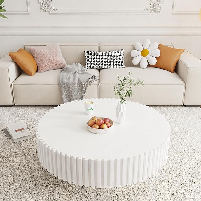 39.37" White Round Coffee Table Wood, Modern Unique Circle Coffee Table, Contemporary Drum Fluted Coffee Table Accent End Side Table Center Table for Living Room, Small Space, Apartment