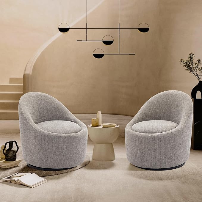 COLAMY Swivel Accent Chair Set of 2, 360° Swivel Round Chair with Hidden Storage, Modern Small Barrel Armchair for Living Room/Bedroom, LightGrey, Textile Material