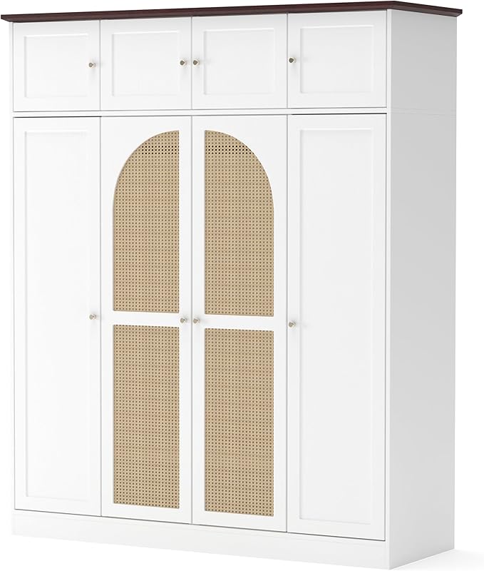 4 Doors Large Armoire Wardrobe Closet with Rattan Doors, 70.87" Tall Freestanding Wooden Closet Wardrobe Cabinet with Hanging Rod and Adjustable Shelves, Clothing Storage Cabinet for Bedroom, White
