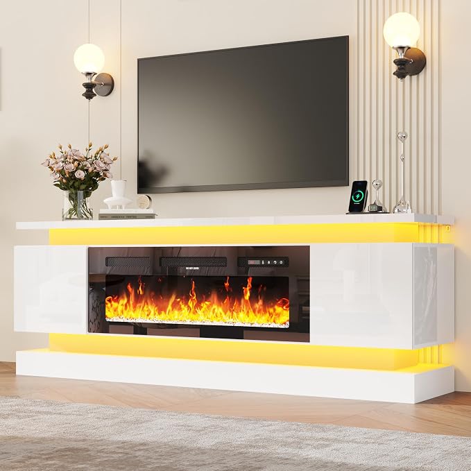 chartustriable 71IN LED TV Stands w/40 inch Fireplace Power Outlet for 85/80/75 Inch TVs,High Glossy Modern TV Media Console Gaming with 2 Storage Cabinets,Dual LED Lights,White - Image 9