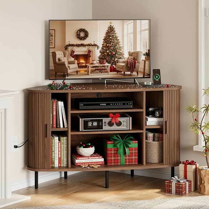 ONBRILL 47" Corner TV Stand, Fluted TV Cabinet with Sliding Doors Fits up to 55 Inch TVs, Modern Corner Entertainment Center with Power Outlet, Wood Media Console Table with Storage,Walnut - Image 9