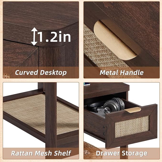 Lerliuo Narrow Night Stand Set of 2 with Charging Station, Boho Nightstand with Drawer, Bed Side End Table with Rattan Shelf for Small Spaces, Wood Nightstands Bedside Tables for Living Room Bedroom - Image 9