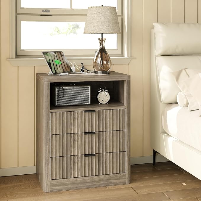 FUSOU Fluted Night Stand Set 2, Nightstands with Charging Station and LED Lights, Modern Bedside Table with 3 Drawers and Open Shelf, End Table with Storage, Night Stand for Bedroom, Light Brown - Image 9