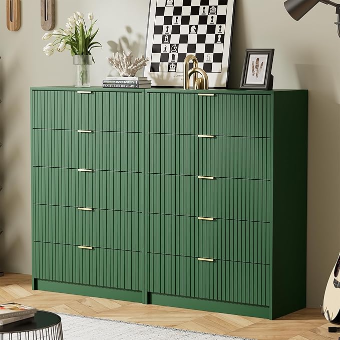 Furniway Green Dresser Bedroom Set 3 Pieces, Nightstands Sets of 2, 5 Drawer Dresser with Gold Handles for Bedroom