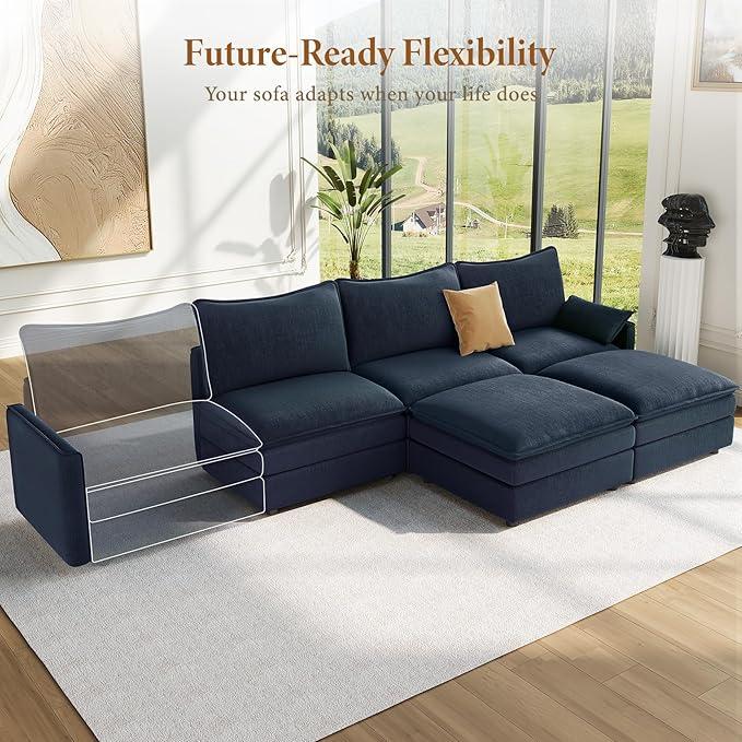 Vesgantti 108" U Shaped Sectional Couch, Deep Seat Cloud Modular Sectional Sofa with 2 Ottoman, Modern Chenille Cloud Sofa Height Adjustable for Living Room, Bedroom and Apartment, Blue