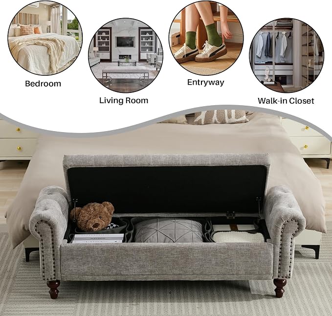 SOFTHION 58.1" Storage Bench Upholstered Chenille End of Bedroom Bed Bench Ottoman with Tufted Cushioned Rolled Arm Large Storage Space for Reading Living Room Entryway, Light Grey - Image 7