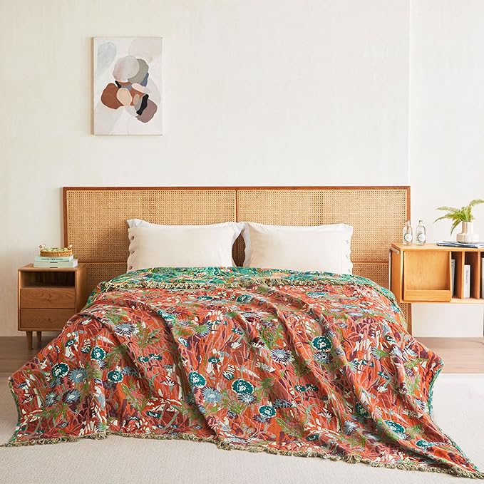 Boho Throw Blanket - 50"x60" 100% Cotton Ultra Soft Lightweight Spring Blanket, 4-Layer Breathable Muslin Blankets for Bed Couch, Reversible Green Floral Printed Bohemian Cotton Quilt