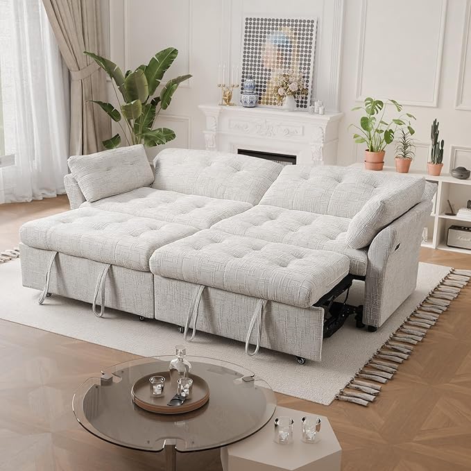 Casaphoria 3 in 1 Sofa Bed with Wheels & USB Port – Convertible Sleeper Sofa L-Shaped Pull-Out Bed for Living Room Apartment 3-Seater Couch in Beige