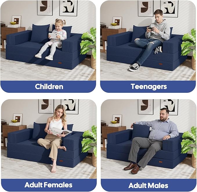 COMAX Futon Sofa Bed, 4‑in‑1 Convertible Sofa Bed, Folding Boneless Couches for Living Room, Fold Out Small Foldable Loveseat Floor Sleeper Comfy Mattress Lounge Space‑Saving, Navy Blue