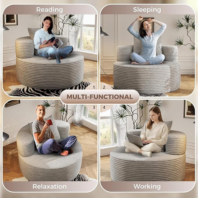 37.4" Boneless Round Chair, Oversized Chaise Lounge Cloud Chair Indoor, Upholstered Corduroy Deep Seat Sofa Accent Chair, No Assembly Required, for Living Room Bedroom Apartment