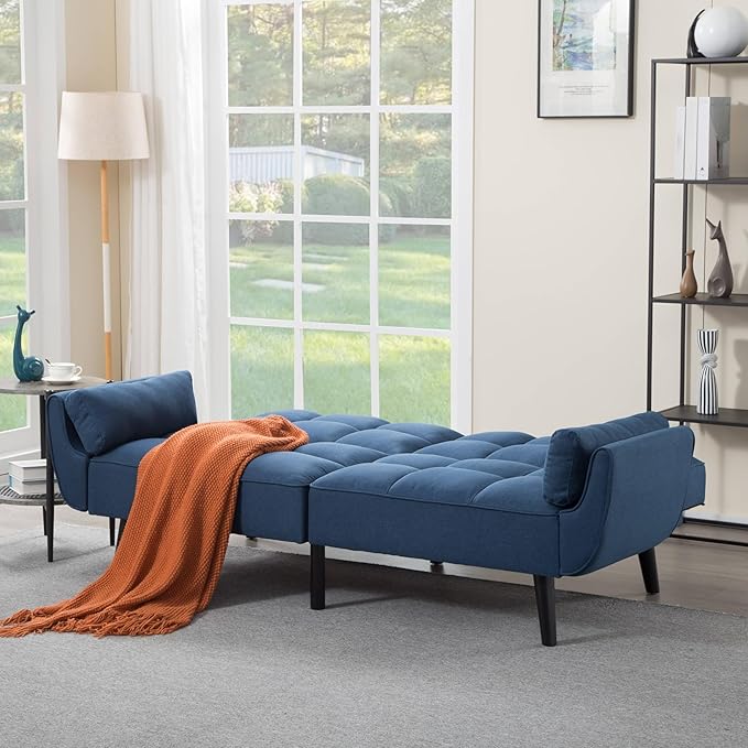 Convertible Futon Sofa Bed, Modern Futon Couch with 2 Pillows, Small Futons Couch with Adjustable Armrest & Backrest, Loveseat Sofa Bed for Living Room, Bedroom, Blue