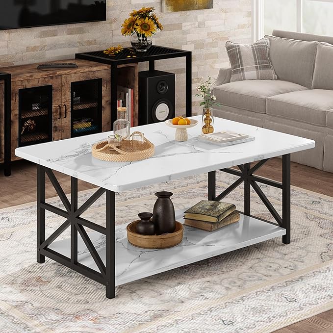 AWQM Faux Marble Coffee Table for Living Room with Round Corners,2 Tier Living Room Table with Storage Shelf,Rectangular Coffee Table Center Table for Small Spaces,White
