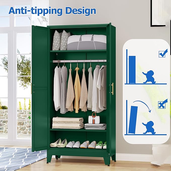 GAIOUS Metal Wardrobe Cabinet with Mirror and Hanging Rod, 71" Metal Clothing Storage Cabinets with 2 Doors and Adjustable Shelves, Green Armoire Wardrobe Closet for Bedroom, Laundry Room, Cloak Room