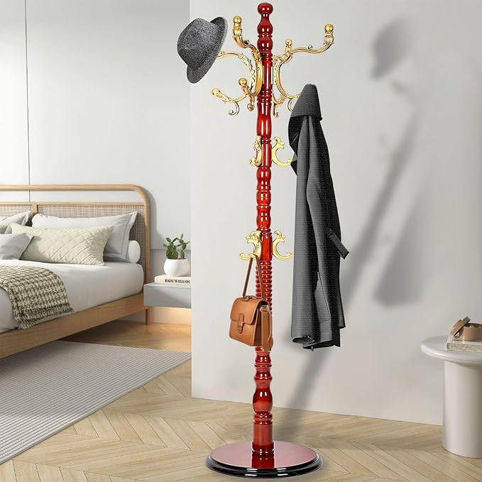 73'' Vintage Coat Racks Freestanding with 18 Hooks, Solid Wood Coat Rack Hanger Stand with 3 Adjustable Size and Disc Base, Standing Coat Rack Tree for Entryway, Bedroom, Hallway, Office, Apartment - Image 6