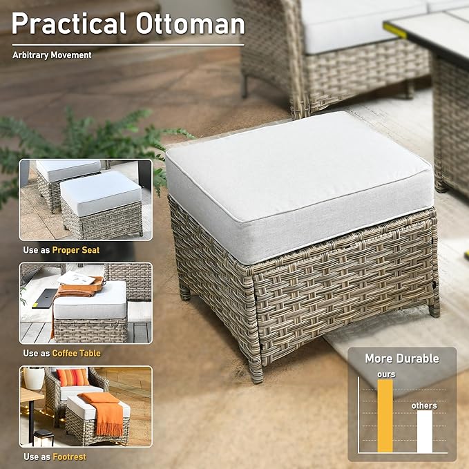 HOOOWOOO 6 Piece Patio Furniture Conversation Sets with Sola Light Table,Outdoor Wicker Furniture with Ottoman, All Weather Resistant Outside High Back Rattan Patio Set(Light Grey Gray)