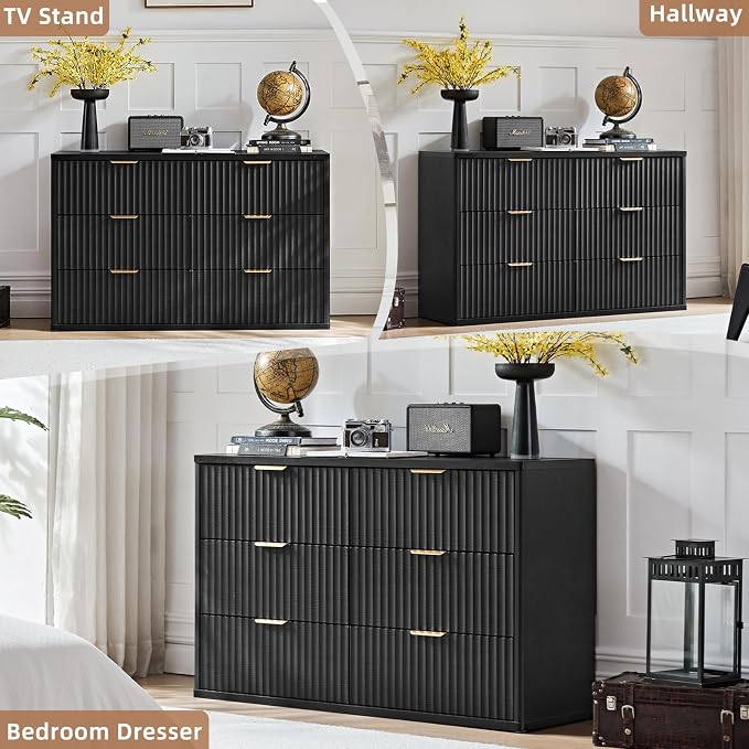 LEYAOYAO Fluted 6 Drawers Dresser for Bedroom, 48" Wide Modern Chest of Drawers with Metal Handle, Black Curved Profile Farmhouse Closet Organizer Wood Dressers TV Stand for Living Room, Hallway - Image 7