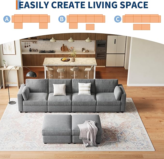 GarveeHome 135.5" Modular Sectional Sofa, 6 Seater Sectional Couch, U Shaped Sofa with Ottoman, Oversized Convertible Modular Couch for Living Room Apartment Office, Chenille Grey